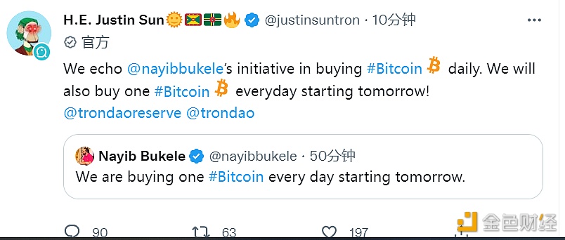 孙宇晨:波联储也将从明天开始,每天购买一个BTC1