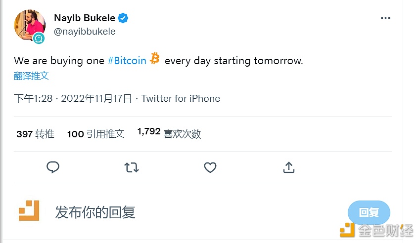 萨尔瓦多总统:从明天开始,每天购买一个BTC1