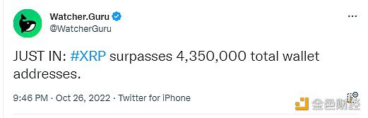 Watcher.Guru:XRP的钱包地址总数超过435万-第1张图片-欧意下载 Watcher.Guru:XRP的钱包地址总数超过435万-第1张图片-欧意下载